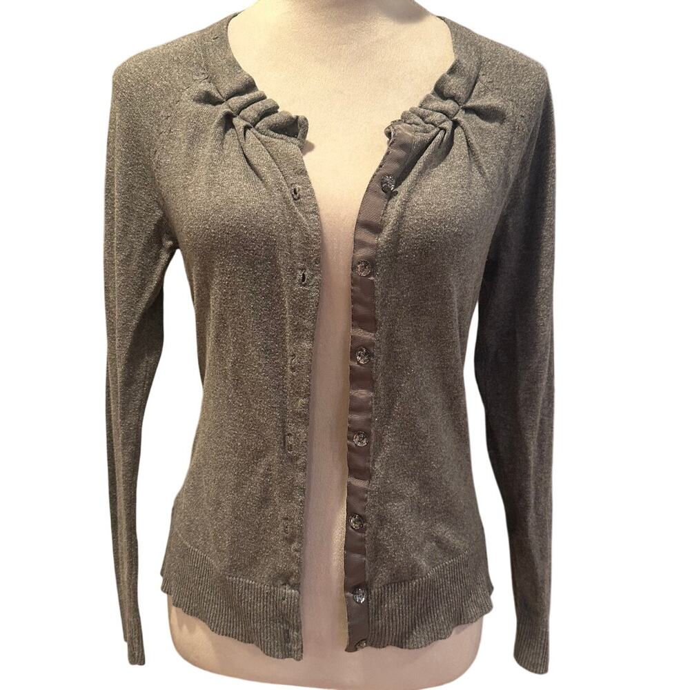 New York & Company Women's Gray Long Sleeve Rhinestone Button Cardigan Sweater M